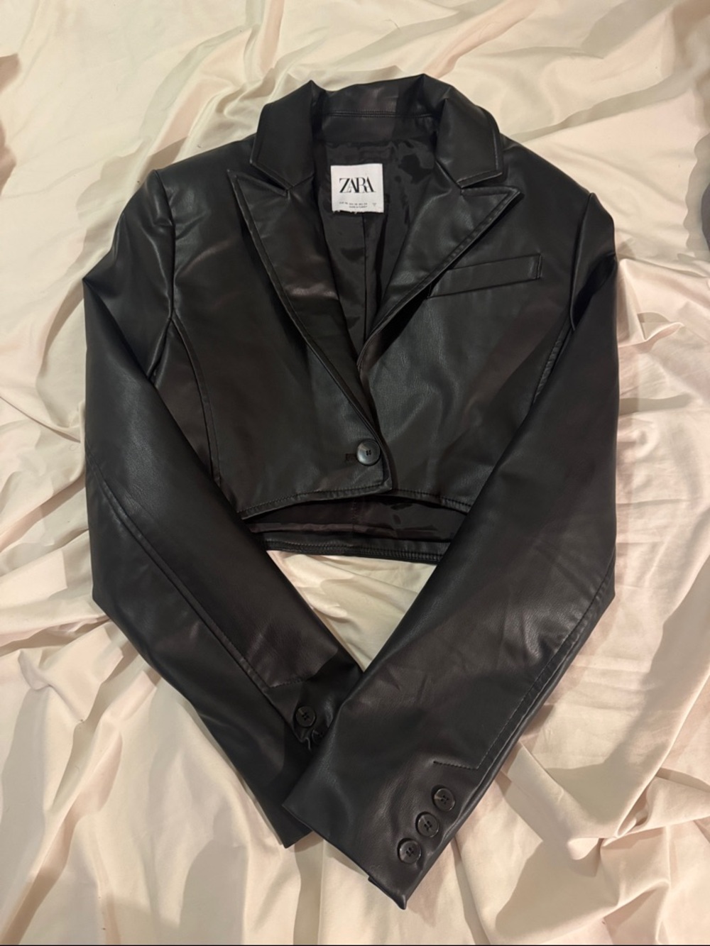 Zara Black Faux Leather Cropped Blazer